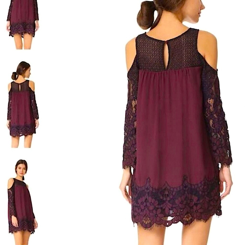 NWOT- BB Dakota Cold Shoulder Lace Shift Mini Dress Maroone Burgundy -Medium
